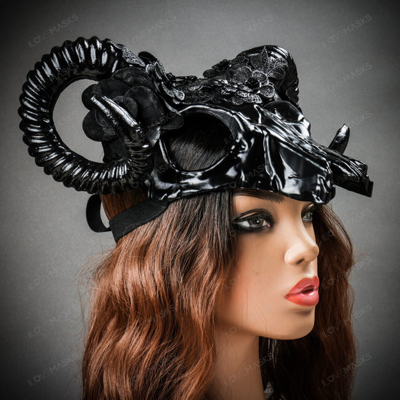 Antelope Devil Ram Horn Skull Ghost Masquerade Mask - Black - Picture 4 of 9